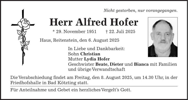 Traueranzeige Alfred Hofer