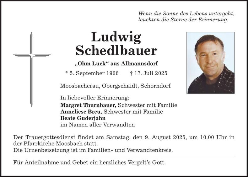 Traueranzeige Ludwig Schedlbauer