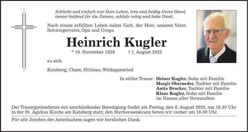 Traueranzeige Heinrich Kugler