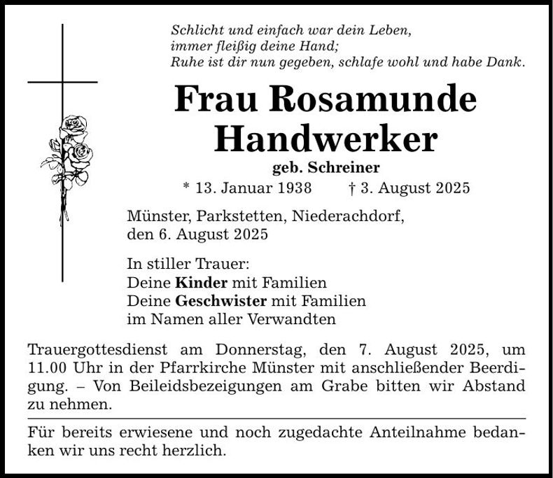 Traueranzeige Rosamunde Handwerker