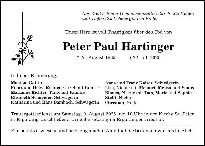 Traueranzeige Peter Paul Hartinger