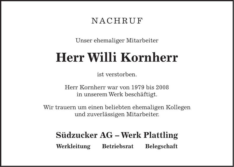Traueranzeige Willi Kornherr