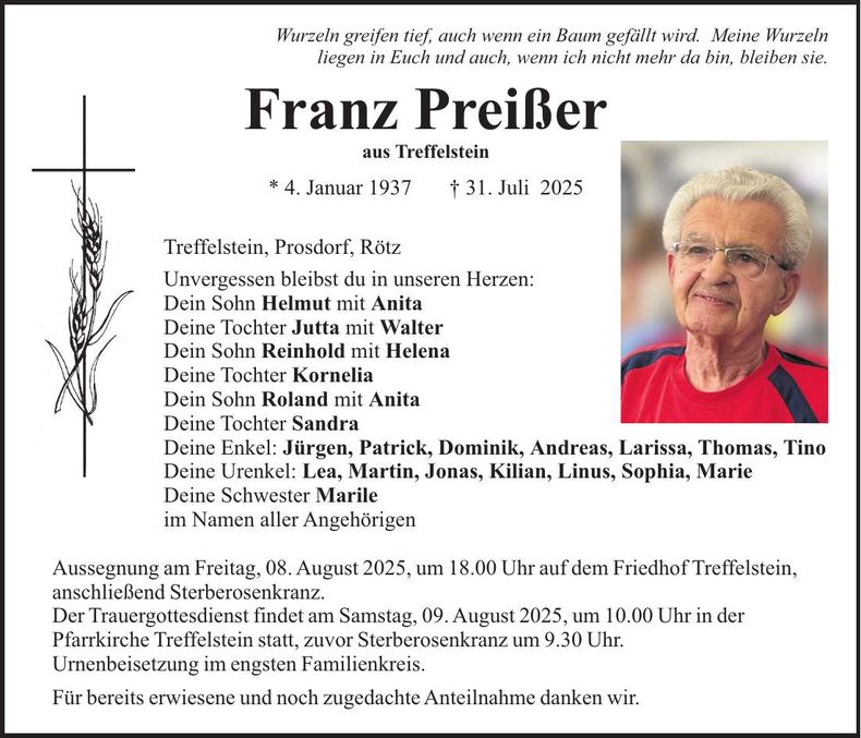 Traueranzeige Franz Preißer