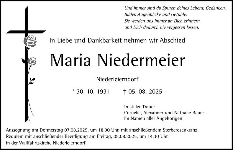 Traueranzeige Maria Niedermeier