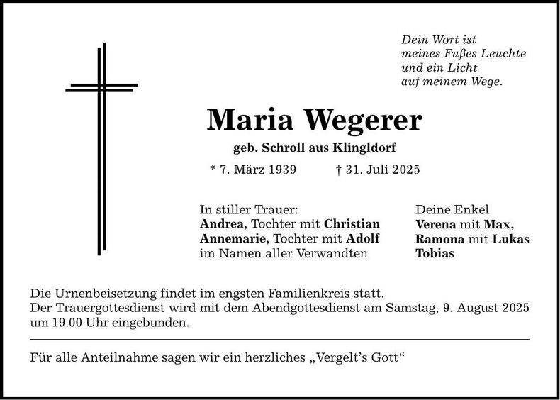 Traueranzeige Wegerer Maria