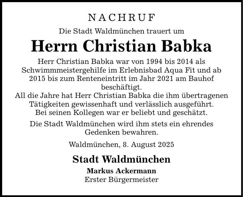 Traueranzeige Christian Babka
