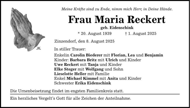 Traueranzeige Maria Reckert