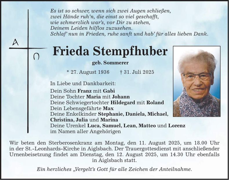 Traueranzeige Frida Stempfhuber