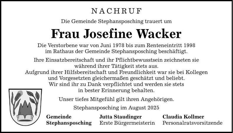 Traueranzeige Josefine Wacker