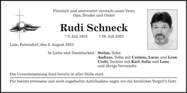 Traueranzeige Rudi Schneck