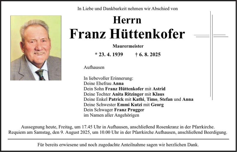 Traueranzeige Franz Hüttenkofer