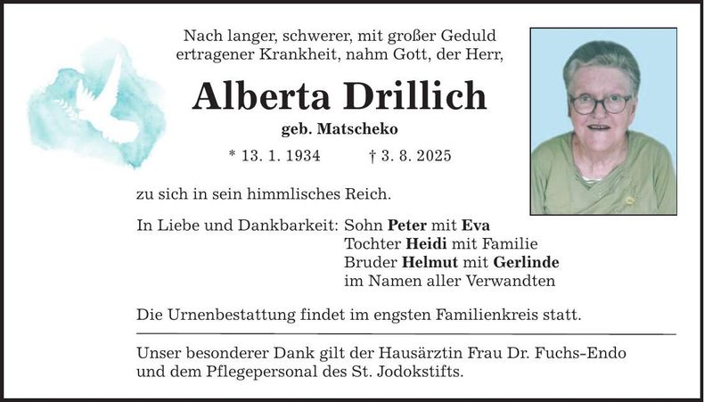Traueranzeige Alberta Drillich