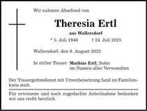 Traueranzeige Theresia Ertl