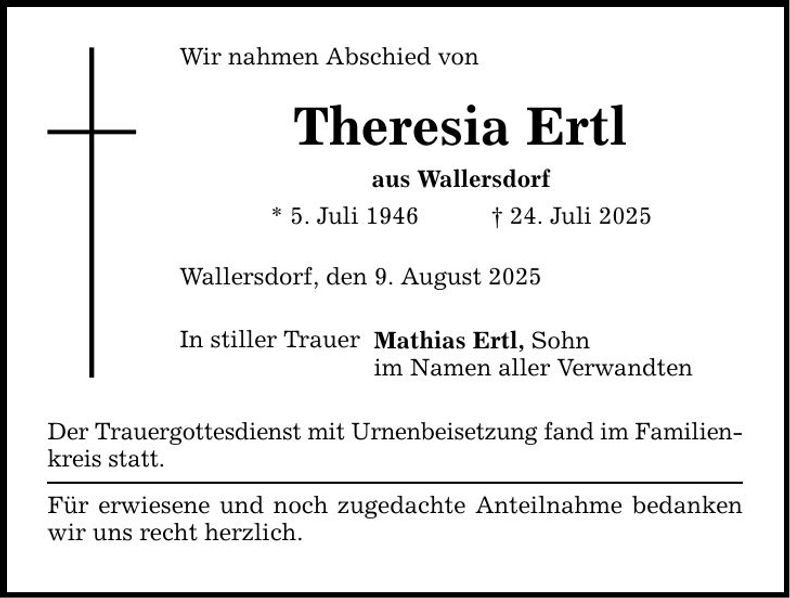 Traueranzeige Theresia Ertl