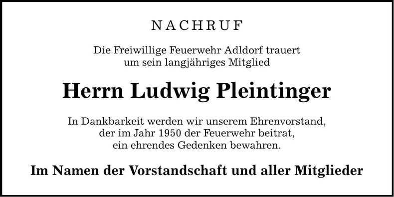 Traueranzeige Ludwig Pleintinger