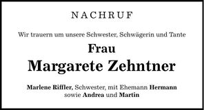 Traueranzeige Margarete Zehntner