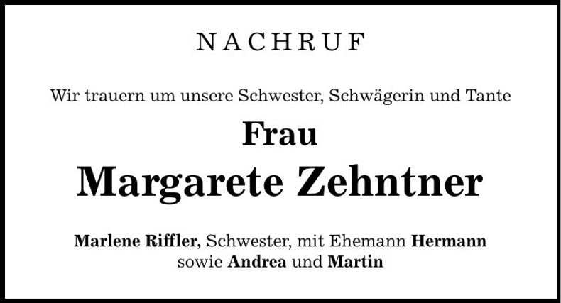 Traueranzeige Margarete Zehntner