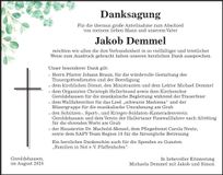 Traueranzeige Jakob Demmel