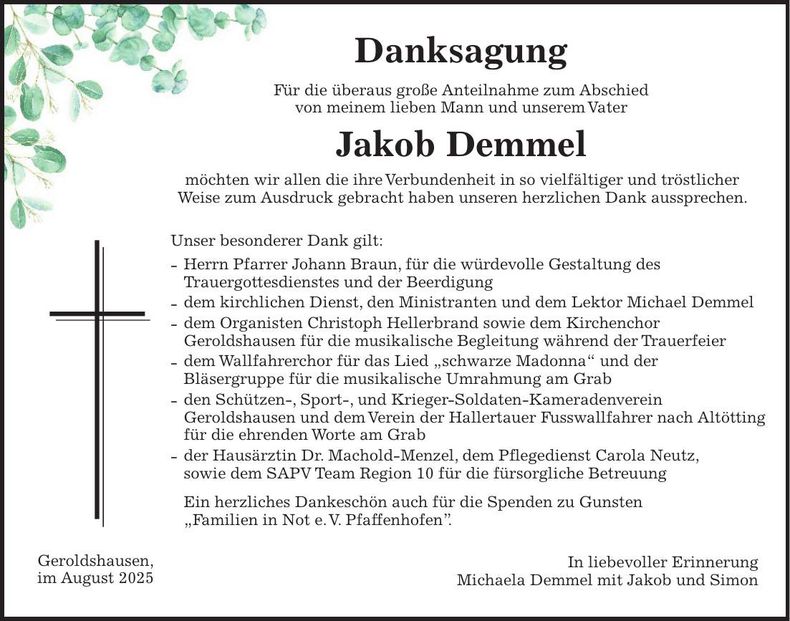 Traueranzeige Jakob Demmel
