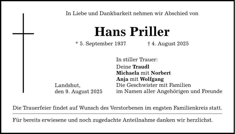 Traueranzeige Hans Priller