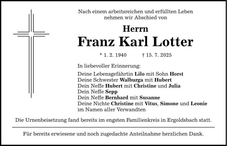 Traueranzeige Franz Karl Lotter