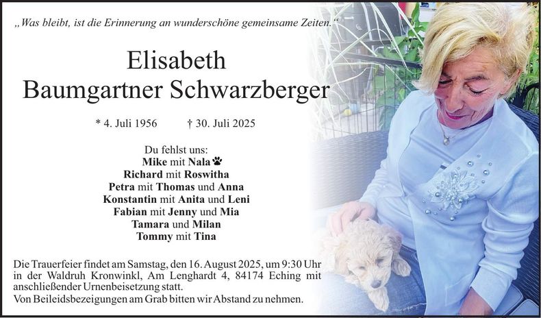 Traueranzeige Elisabeth Baumgartner-Schwarzberger