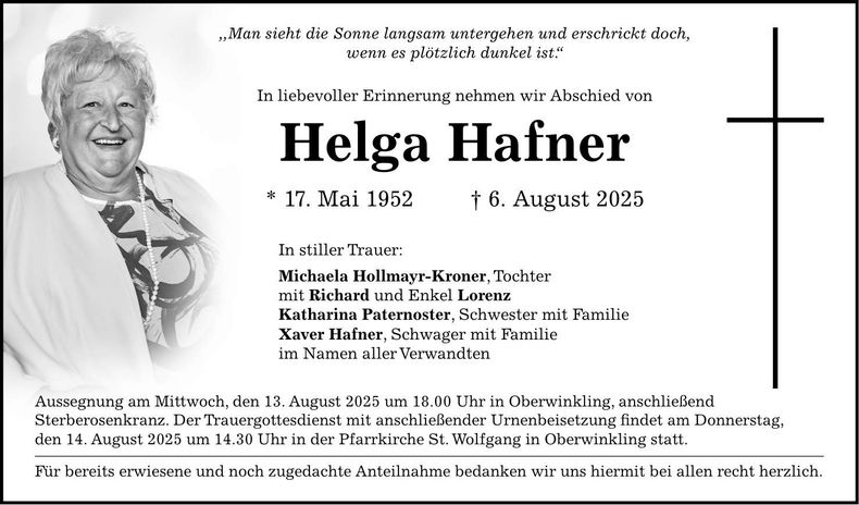 Traueranzeige Helga Hafner
