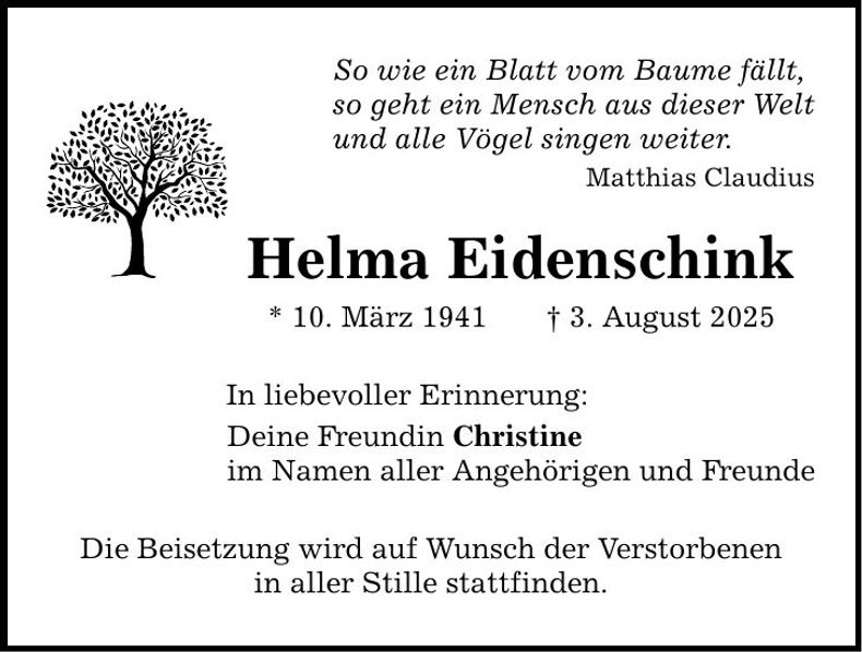 Traueranzeige Helma Eidenschink