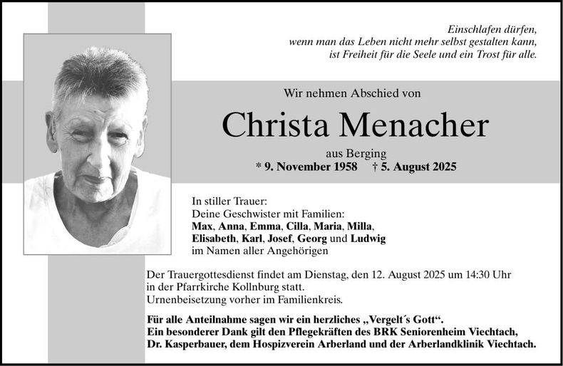 Traueranzeige Christa Menacher