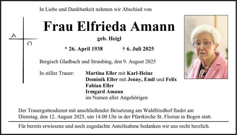 Traueranzeige Elfrieda Amann