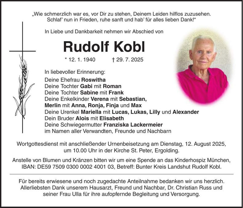 Traueranzeige Rudolf Kobl