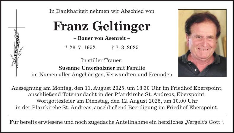 Traueranzeige Franz Geltinger
