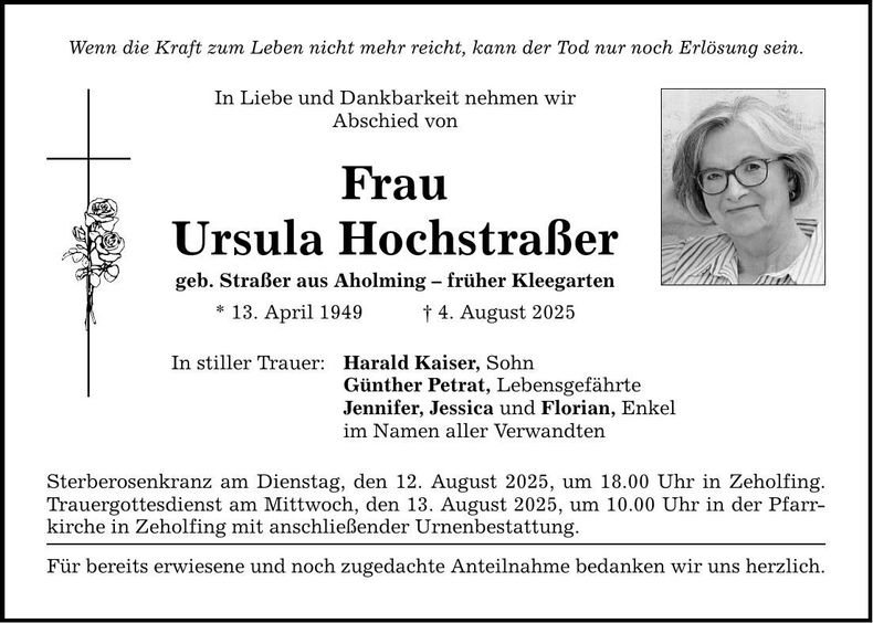Traueranzeige Ursula Hochstraßer