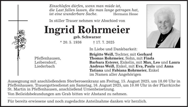 Traueranzeige Ingrid Rohrmeier