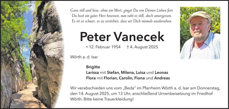Traueranzeige Peter Vanecek
