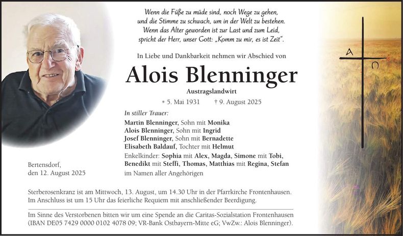 Traueranzeige Alois Blenninger