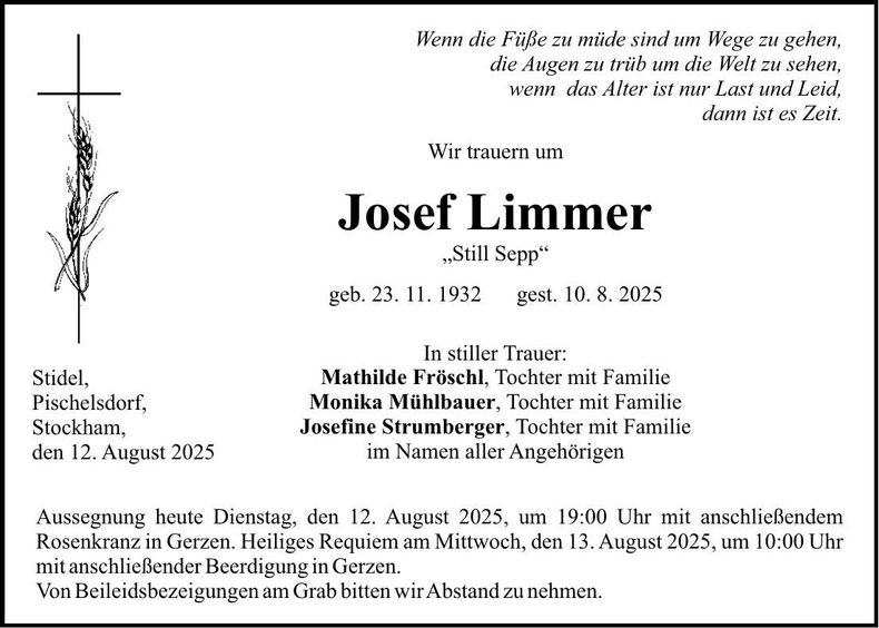 Traueranzeige Josef Limmer