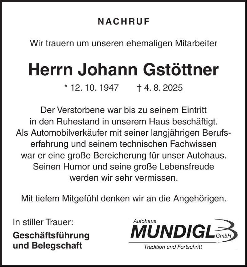 Traueranzeige Johann Gstöttner