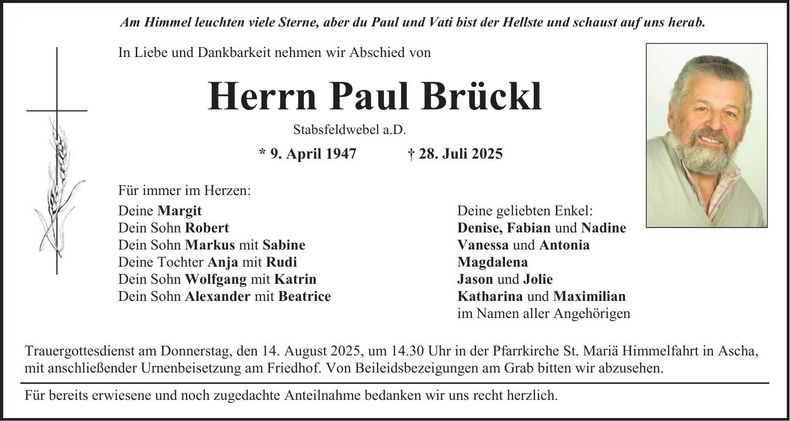 Traueranzeige Paul Brückl