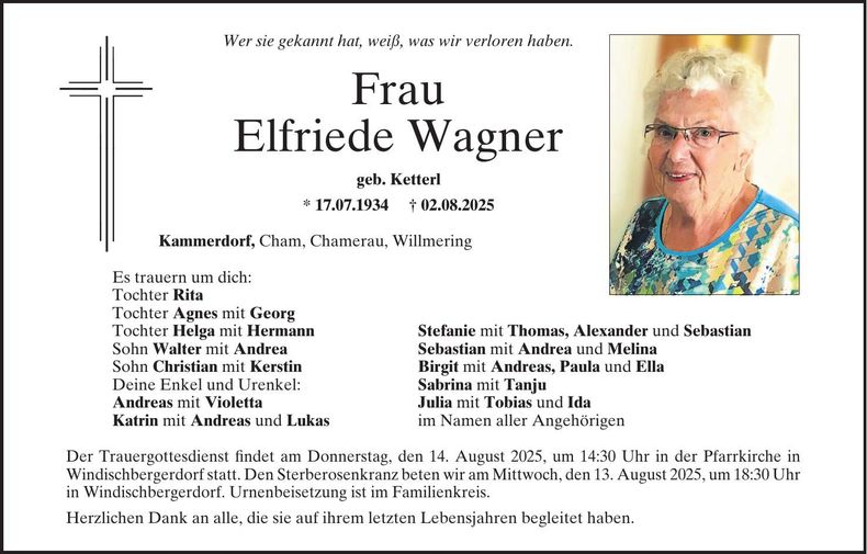 Traueranzeige Elfriede Wagner