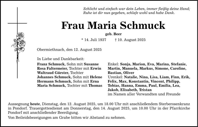 Traueranzeige Maria Schmuck