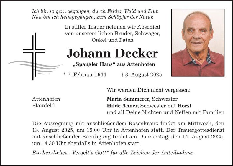 Traueranzeige Johann Decker