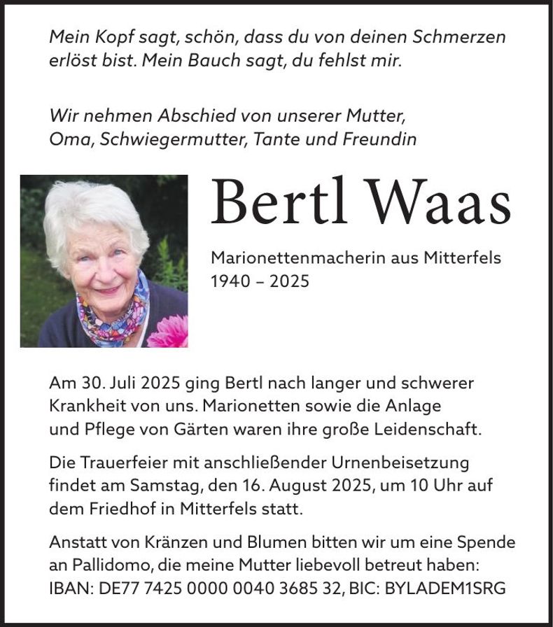 Traueranzeige Bertl Waas