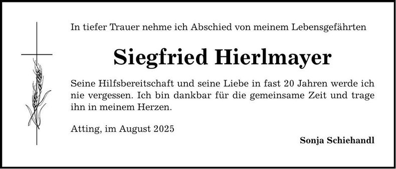 Traueranzeige Siegfried Hierlmayer