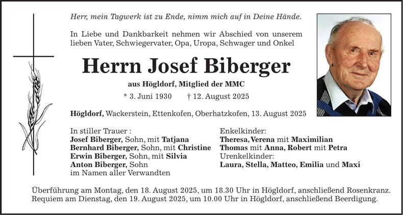 Traueranzeige Josef Biberger