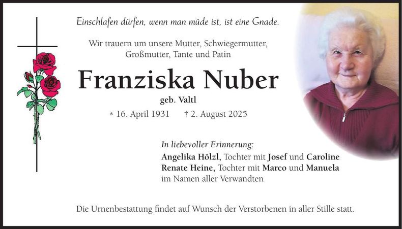 Traueranzeige Franziska Nuber