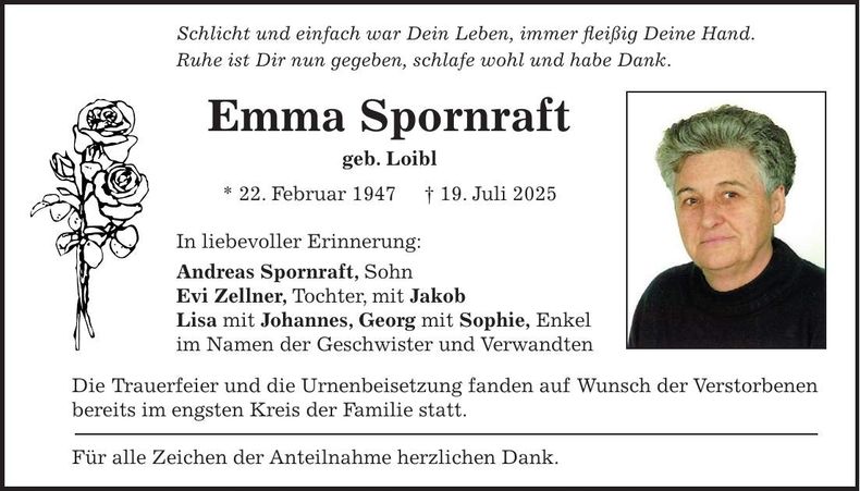 Traueranzeige Emma Spornraft