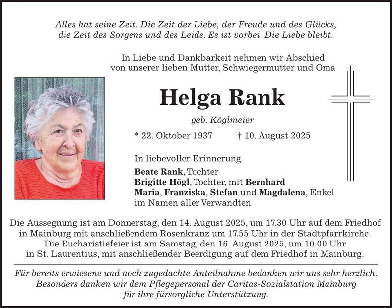Traueranzeige Helga Rank