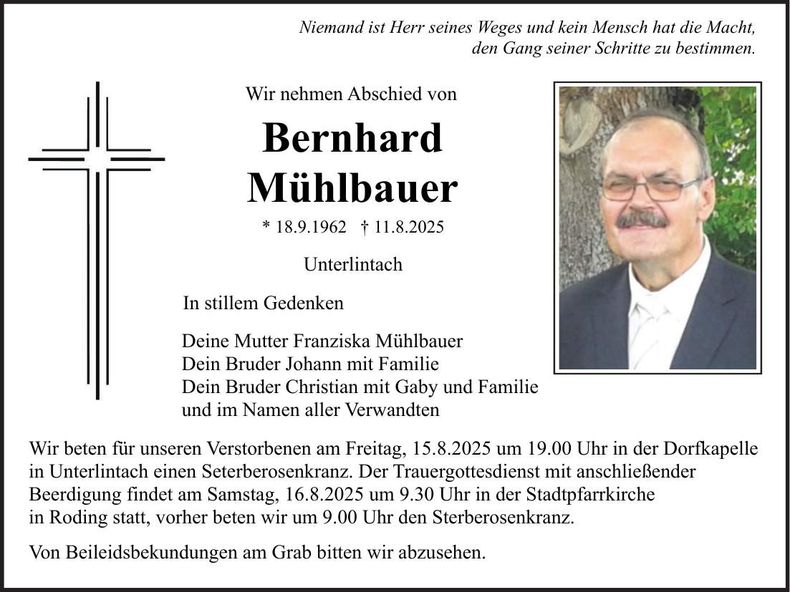 Traueranzeige Bernhard Mühlbauer