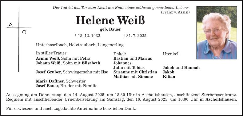 Traueranzeige Helene Weiß